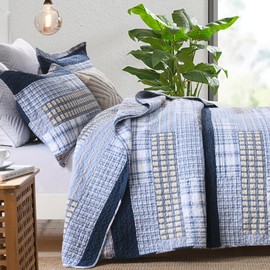 Y-PLWOMEN Quilt King Size 100% Cotton Blue King Quilt Set, Cozy Plaid King Size Quilt, Reservible Lightweight King Quilt Bedding Set for All Season, 3-Pieces