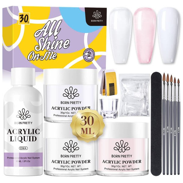 BORN PRETTY Acrylic Nail Kit Acrylic Powder And Liquid Set - 30g(1oz) Clear White Pink Acrylic Powder Starter Kit with Nail Forms for Acrylic Nails Extension Beginner set