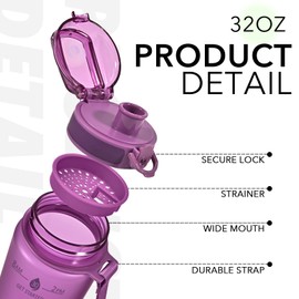 Alwager 32oz Motivational Water Bottles with Time Marker & Fruit Strainer, Single Color Water Bottle with Times to Drink, Leakproof & BPA Free, Reusable Plastic Bottle with Strap (No Straw)