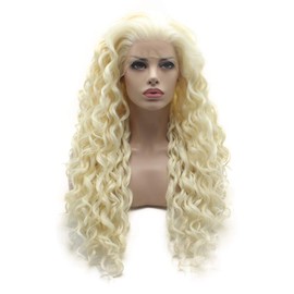 Lushy Curly Long Light Blond White Mix Wig Half Hand Tied Heat Friendly Synthetic Lace Front Wig