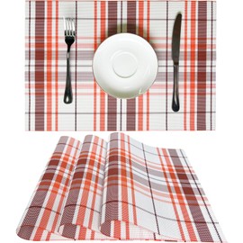 WAZAIGUR Stripe Mixed-Color Cute Vinyl Woven Easy to Clean Placemats Washable Dining Kitchen Table Mats Canteen Hotel Restaurant Place Mats Set of 4(Orange White and Brown)