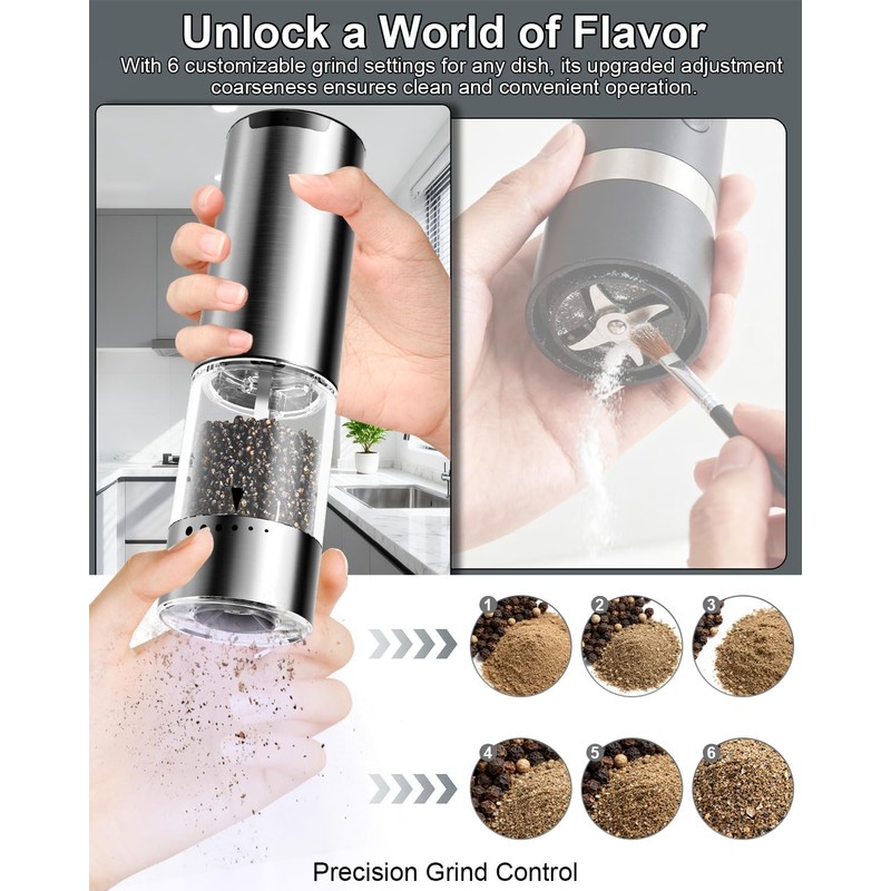 BZPP Electric Salt and Pepper Grinder Set - 6 Adjustable