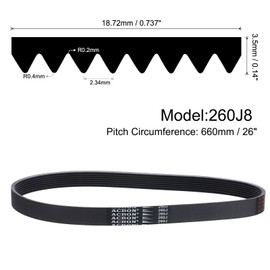sourcing map 260J8 PJ V-Ribbed Belt 8 Ribs 26" Length x 0.74" Width x 0.14" Height, EPDM Rubber Poly V Belt, Multi Wedge Micro V Belt