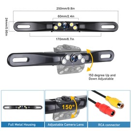 License Plate Backup Camera AHD 1080P Metal 170 Degree Wide Night Vision Rear View Reverse Camera IP69K Waterproof Parking Camera for 12-24V Car Vehicle SUV RV