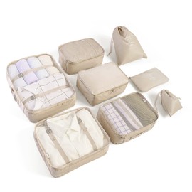BillyBath 8-Piece Suitcase Organiser Set for Travel, Packing Cubes, Bags for Clothes, Cosmetics, Beige