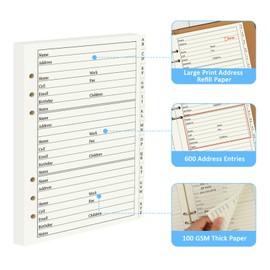 suituts Address Book Refill Pages with Alphabetical Tabs, Large Print 600 Contacts Refillable Pages, A5 6-Ring Address Page for Senior Home Office