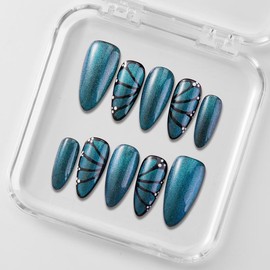 Zfans Almond Shape DreamWear Collection - 100% Handcrafted 3D Press-On Nails | Reusable, Long-Lasting, Salon-Quality Mint Bloom Eco-Friendly Nail Art Set:_Midnight Blue Butterfly Wings_s