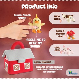 Bundaloo Plush Farm Animal Toys with Realistic Sounds - Plushie Play Set with Barn Carrier