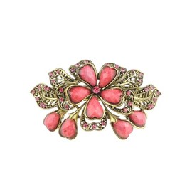 Womens Girls Diamante Crystal Wedding Birthday Party Bridal Wedding Ponytail Fine Hair Occasion Barrette Hairpin Grip French Spring Clip Vintage Look Gold Tone Metal Floral Rose (Coral Pink)