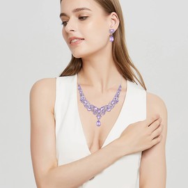 EVER FAITH Rhinestone Crystal Bridal Bridesmaid Jewelry Sets, Tear Drop Elegant Flower Leaf Cluster Necklace Earrings Set for Women Light Purple Silver-Tone