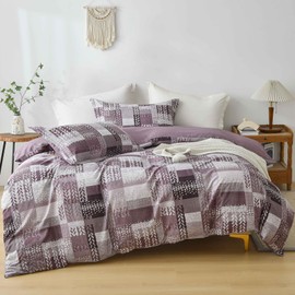 DJY Geometric Grid Double Duvet Cover Purple Irregular Splicing Soft Microfiber Bedding Set, Reversible Lightweight Duvet Cover Sets 3 Pieces With Zipper (Double, 200x200cm)