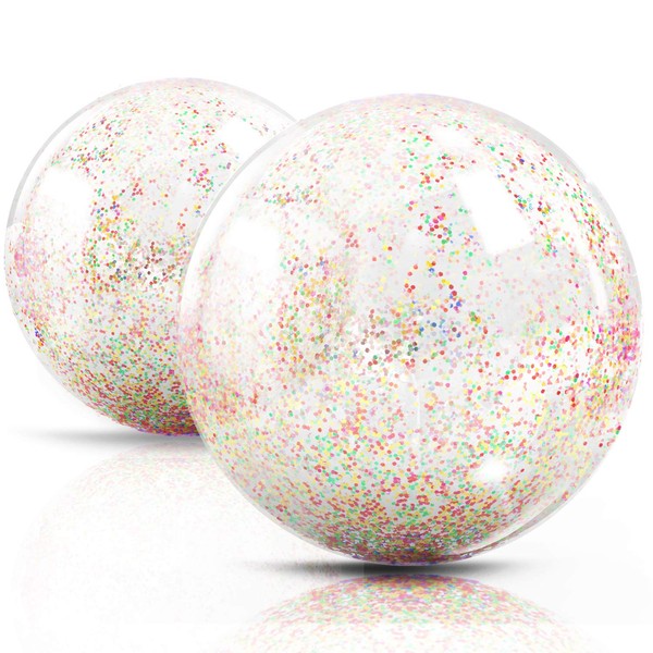 NOVELTY PLACE Inflatable Clear Sports Beach Balls with Rainbow Sequin Glitter & Confetti - Summer Beach Pool Party Toy - 2 Pcs (16 In & 12 In)