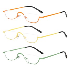 KoKoBin Half Reading Glasses,3 Pack Half Rim Metal Frame Glasses Spring Hinge Readers with Leather Pouch for Men and Women (Green+Yellow+Orange,3.50)