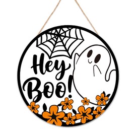 TIOFUNO Halloween Decorations Front Door Welcome Sign, 10 in Happy Halloween Ghost Pattern Round Wooden Hanging Sign, Farmhouse Home Window Wall Party Decoration Gifts-A05