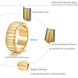 PLOMFOV 14K Gold Plated Chunky Statement Rings Stackable Wide Chunky Band Gold Ring for Women Men Gold 9