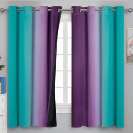 Teal and Purple Gradient Curtains 63 Inch Length 2 panels, Ombre and Wavy Line Pattern Blackout Curtains for Kids Room, Full Light Blocking Thermal Insulated Grommet Drapes for Bedroom, 52x63 Inch