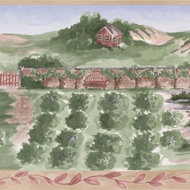 CONCORD WALLCOVERINGS ™ Wallpaper Border Vintage Pattern Garden Fence House for Cottage Farmhouse Kitchen, Green Beige Blue, 15 ft by 10.5 in IG75152B