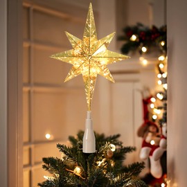 Christmas Tree Topper Lighted Gold Star Tree Toppers with LED Lights Christmas Tree Top Ornament for Christmas Party Indoor Outdoor Home Decoration 14"