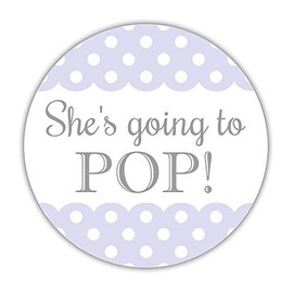 40 She's Going to pop Stickers, 2 inches - About to pop lables - Baby Shower Popcorn Labels (Lavender)