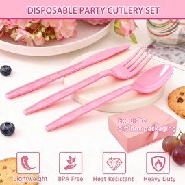 300Pcs Disposable Pink Silverware Set, Plastic Cutlery Set, 100 Forks, 100 Spoons, 100 Knives, Pink Kitchen Accessories, Party Utensils for Catering, Weddings, Valentine's Day, Bridal Shower