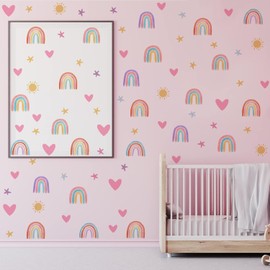 Rainbow Wall Decor Stickers Small Rainbow Decal Watercolor Heart Star Sun Wall Stickers Decor for Girls Boys Baby Bedroom Nursery Playroom Party Sticker