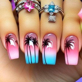 Coconut Palm Medium Coffin Fake Nails Summer Beach Press on Nails 24Pcs Glossy Pink Gradient Stick on Nail Blue French Gel Glue on Fingernails Acrylic Full Cover False Nail for Holiday Manicure Art