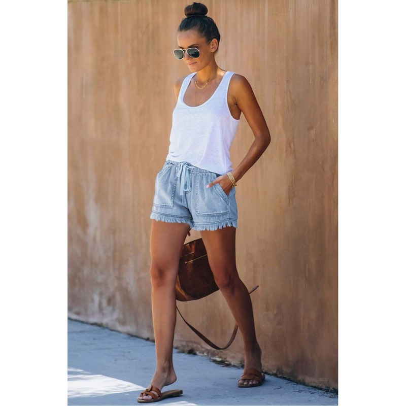 HVEPUO Women's Cotton Linen Shorts, Elastic Band Hot Pants, Summer