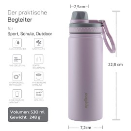 eppikan EppiSporty Stainless Steel Thermos Flask, Water Bottle, Insulated Flask, Sports Bottle, Water Bottle, 530 ml, 750 ml, Sports School Fitness, Outdoor Bottle with Sports Lid (Pastel Purple, 530