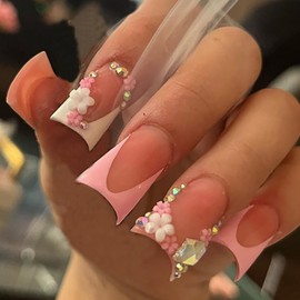 Press on Nails Duck Shaped Glossy Full Cover Medium Acrylic Duck Pink French False Nails with Floral Rhinestone Designs Artificial Duck Fake Nails with Charms Glue ons Fingernails for Women Girls