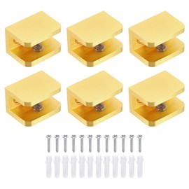 uxcell 6Pcs Glass Shelf Bracket, Adjustable Solid Brass Glass Shelf Bracket, Wall Mount Glass Shelf Holder Fixture Glass Clip for 8-10mm(0.31"-0.39"), Gold
