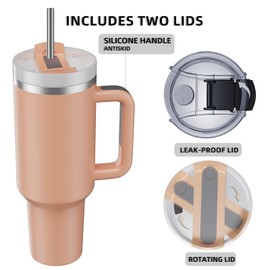 MURRICON - Vaso de 40 onzas con mango y pajita, vaso reutilizable con tapa, taza de viaje aislada de acero inoxidable, para café y bebidas (rosa rosa)