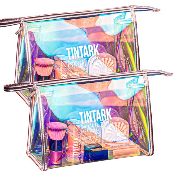 TINTARK Holographic Makeup Bag, Portable Waterproof Cosmetic Bag Set for Girls, Women, Rainbow Organiser Makeup Pouch for Travel Toiletry Bag, Clear Large Makeup Bags with Zip, 2 Pack, Holographic