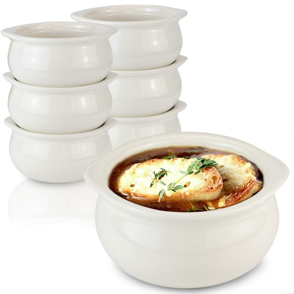 [6 Pack] 12 Oz French Onion Soup Crock - Ivory Premium Ceramic Porcelain Bowls, Microwave Oven Safe, For Soup, Stews, Chilis, Baked Beans, Mac and Cheese