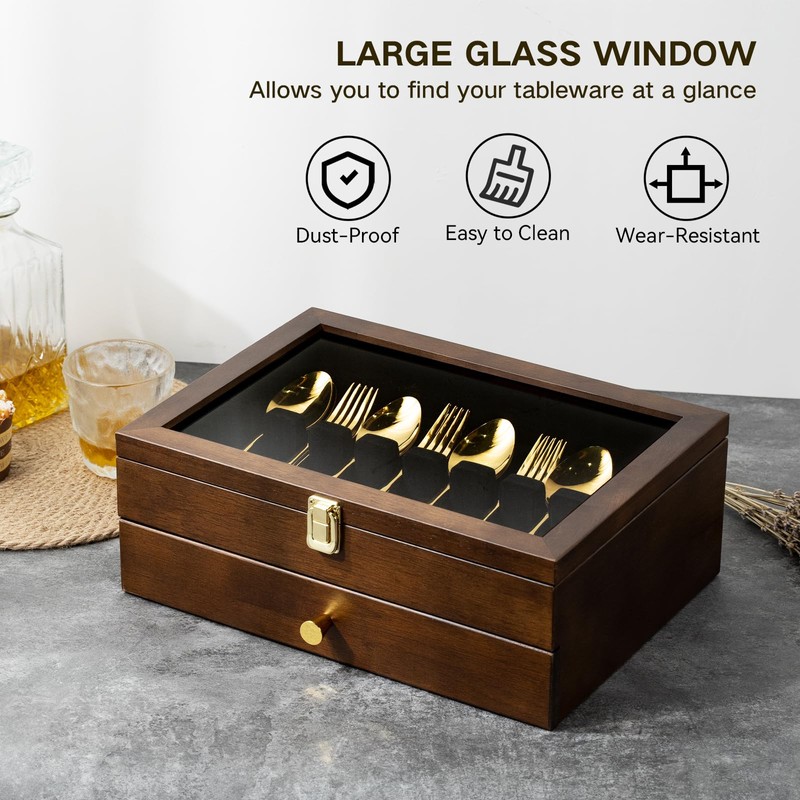 Yoimori Silverware Box, 2-Layer Wooden Silverware Storage Box with Glass