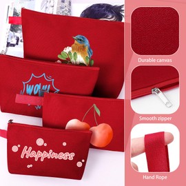 Sinzip 10 Pieces Cotton Canvas Makeup Bag with Bottom and Strap, Multi-Purpose Cosmetic Bag with Zipper Travel Toiletry Pouch, Blank DIY Craft Bag (Red, M)