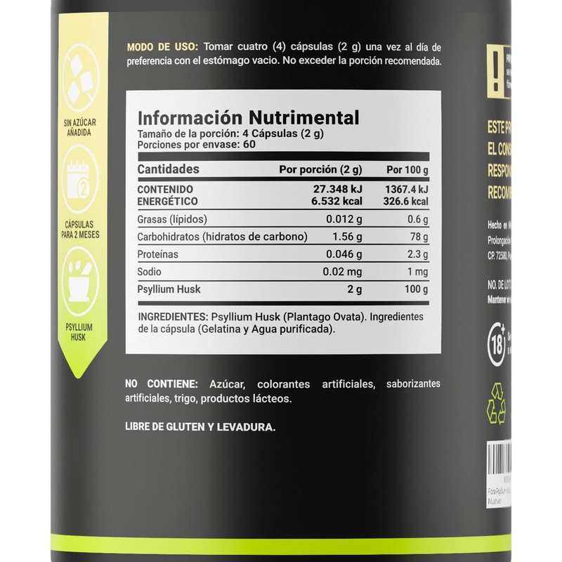 Fibra de Psyllium Husk (Plantago Ovata) 240 Cápsulas 2000 mg