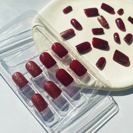 Burgundy Press on Nails Short False Nails Solid Color Acrylic Nails Fall Fake Nails Square Shape Glue on Nails with Designs Artificial Stick on Nails for Women and Girls DIY Manicure Decorations 24PCS