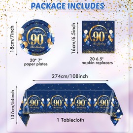 41PCS 90th Birthday Decorations for Man Navy Blue and Gold Ninety Year Old Birthday Disposable Tableware Include Plates Napkins Tablecloth Serve 20