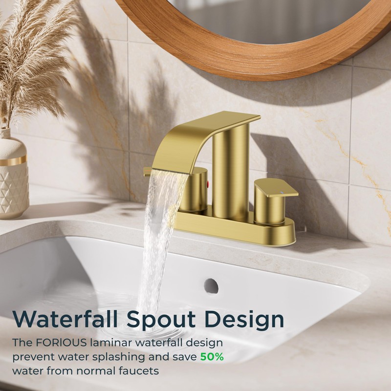 FORIOUS Brushed Gold Bathroom Sink Faucet, Waterfall 4 Inch Centerset