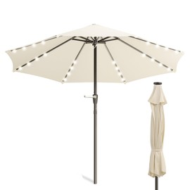 MoNiBloom 9 ft Umbrella for Outside, Solar LED Lighted Patio Umbrella with 8 Ribs Tilt and Crank Lift System Market Table Windproof Fixed Height Umbrella for Pool Deck Backyard, Beige