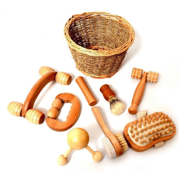 8 Piece Sensory Massage Set in Smooth Birch Wood, Rollers and Shapes, Sensory Brushing Therapy, Presented in Willow Basket