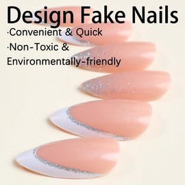White French Press on Nails Almond, Full Cover French Tip Fake Nails Glitter Tips False Nails Glossy Artificial Glue on Nails Wear Nude Pink Nails for Women and Girls Daily Manicure Decoration 24Pcs