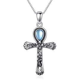 VENACOLY Cross Necklace for Women 925 Sterling Silver Ankh/Moonstone Pendant Necklace Crucifix Chain Cross Jewellery Gift for Women, Sterling Silver, Moonstone