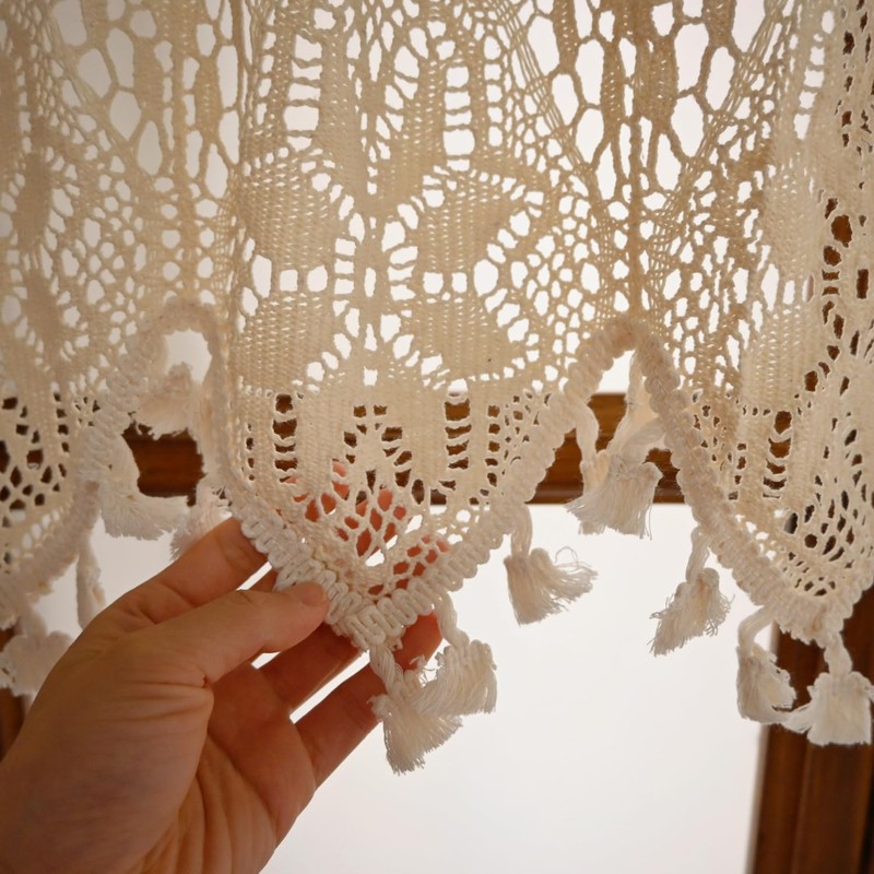 Tsinmorn Rustic Crochet Curtain Valance for Kitchen Dining Macrame Curtain