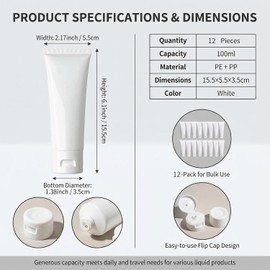 12 tubos de plástico vacíos rellenables, contenedores de cosméticos transparentes, botellas de plástico suaves para paquete, limpiador facial, crema de manos, loción cosmética (100 ml)