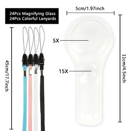 Magnifying Glass for Kids, 24 Pack Plastic Magnifier 5X and 15X Magnification Hand Lens Mini Magnifier with 24 Colorful Lanyards for Science Class, Reading, Party Favor, Outdoor Activities IRCHLYN