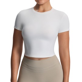 Aoxjox Women's Workout Short Sleeve T-Shirts Crew Neck Baby Tee Without Padded Athletic Gym Yoga Crop Tops (White, Small)