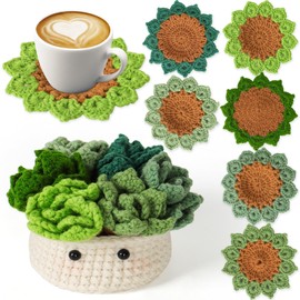 LOMOHOO Crochet Kit for Beginners, 6PCS Crochet Coasters Kit, Flower Potted Plant Crochet Kit with Crochet Hook, Colorful Yarn, Stitch Marker, Instruction, Craft Lover DIY Material Tools(Green)