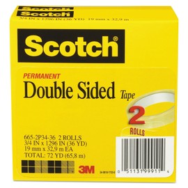 Scotch 6652P3436 Double-Sided Tape, 3/4-Inch x 1296-Inch, 3-Inch Core, Transparent, 2/Pack