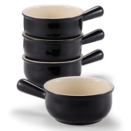 KooK French Onion Soup Bowls, French Onion Soup Crocks, Soup Bowl with Handles, 15 oz, Set of 4, Ceramic Bowls, Microwave, Dishwasher Safe & Oven safe, Stoneware,(Black)
